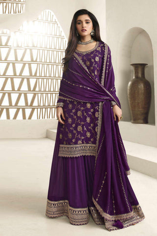Nidhi shah Viscose Fabric Purple Color Fantastic Jacquard Weaving Palazzo Suit.