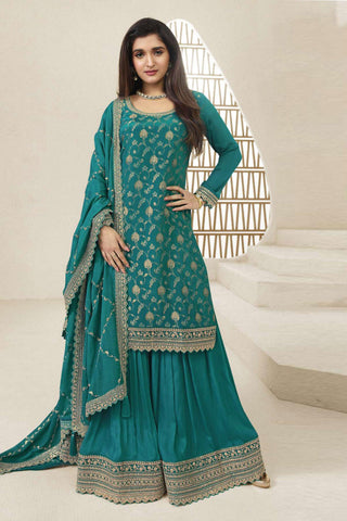 Nidhi shah Viscose Fabric Sea Green Color Graceful Jacquard Weaving Palazzo Suit.