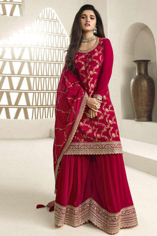 Nidhi shah Red Color Viscose Fabric Gorgeous Jacquard Weaving Palazzo Suit.