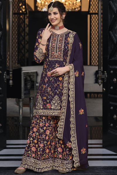 Art Silk Fabric Purple Color Fantastic Festive Look Palazzo Suit.