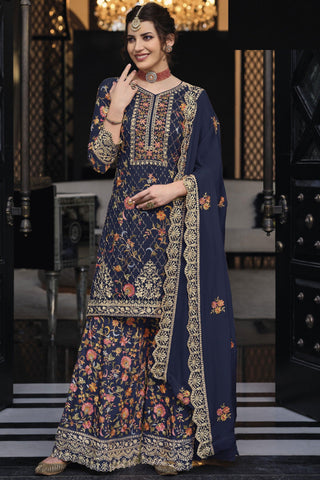 Art Silk Fabric Navy Blue Color Graceful Festive Look Palazzo Suit.