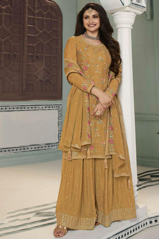 Prachi Desai Dazzling Viscose Fabric Mustard Color Palazzo Suit.