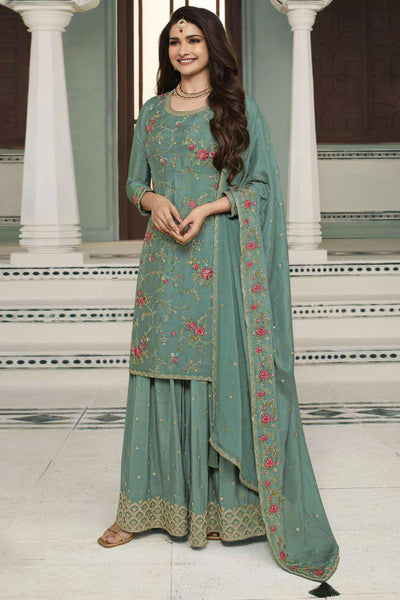 Prachi Desai Radiant Sea Green Color Viscose Fabric Palazzo Suit.
