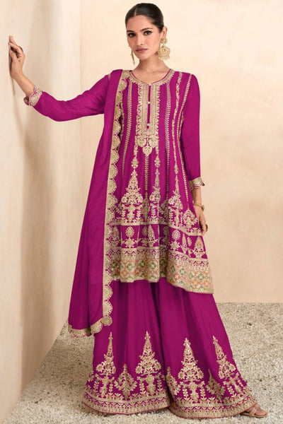 Vartika Singh Trendy Chinon Fabric Rani Color Palazzo Suit With Embroidered Work.