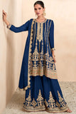Vartika Singh Blue Color Embroidered Work On Chinon Fabric Chic Palazzo Suit.