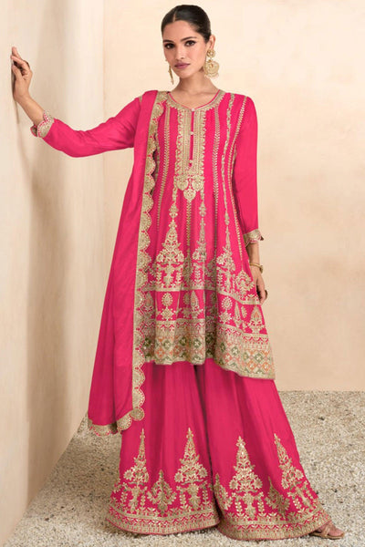 Vartika Singh Soothing Embroidered Work On Pink Color Chinon Fabric Palazzo Suit.
