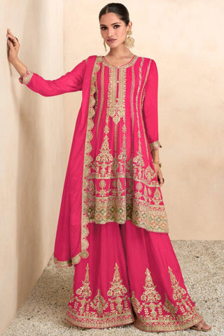 Vartika Singh Soothing Embroidered Work On Pink Color Chinon Fabric Palazzo Suit.