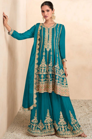 Vartika Singh Embroidered Work On Chinon Fabric Teal Color Gorgeous Palazzo Suit.
