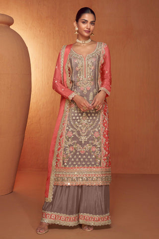 Entrancing Chinon Fabric Readymade Palazzo Suit In Lavender Color.