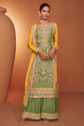 Charming Sea Green Color Chinon Fabric Readymade Palazzo Suit.