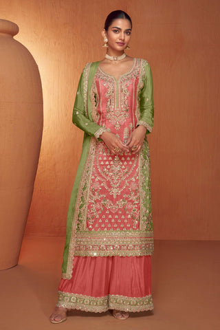 Mesmeric Pink Color Readymade Palazzo Suit In Chinon Fabric.