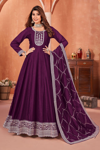Art Silk Fabric Purple Color Excellent Function Wear Anarkali Suit.
