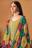 Dazzling Chinon Silk Fabric Yellow Color Designer Suit With Multi Color Dupatta.