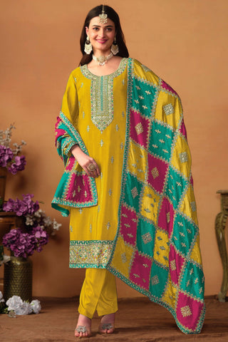 Dazzling Chinon Silk Fabric Yellow Color Designer Suit With Multi Color Dupatta.