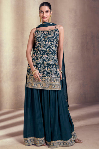 Diksha Singh Teal Color Georgette Fabric Adorming Function Wear Palazzo Suit.
