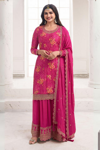 Prachi Desai Chinon Fabric Rani Color Floral Printed Winsome Palazzo Suit - women's fashion mart