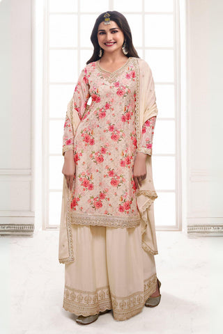 Prachi Desai Beige Color Chinon Fabric Floral Printed Awesome Palazzo Suit - women's fashion mart