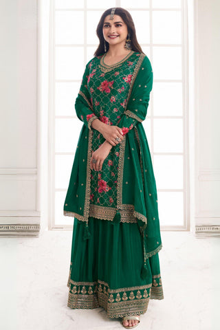 Prachi Desai Chinon Fabric Floral Printed Beatific Palazzo Suit In Dark Green Color - women's fashion mart