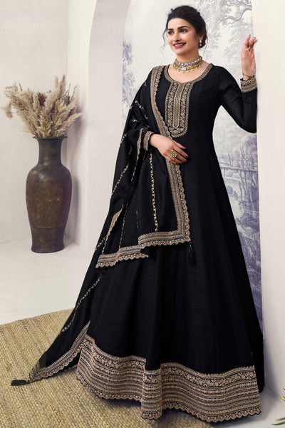 Prachi Desai Engaging Black Color Art Silk Fabric Embroidered Anarkali Suit - women's fashion mart