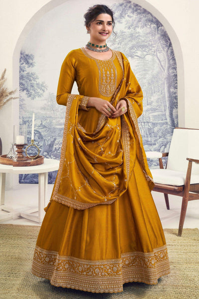 Prachi Desai Classic Mustard Color Embroidered Anarkali Suit In Art Silk Fabric - women's fashion mart