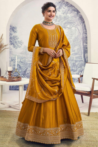 Prachi Desai Classic Mustard Color Embroidered Anarkali Suit In Art Silk Fabric - women's fashion mart