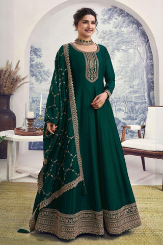 Prachi Desai Art Silk Fabric Dark Green Color Embroidered Winsome Anarkali Suit - women's fashion mart
