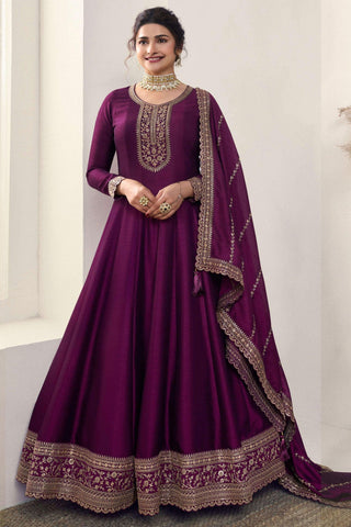 Prachi Desai Creative Embroidered Art Silk Fabric Anarkali Suit In Purple Color - women's fashion mart