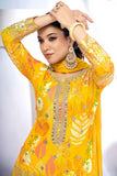 Radiant Printed Work On Yellow Color Chinon Fabric Sharara Suit - women's fashion mart