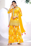 Radiant Printed Work On Yellow Color Chinon Fabric Sharara Suit - women's fashion mart
