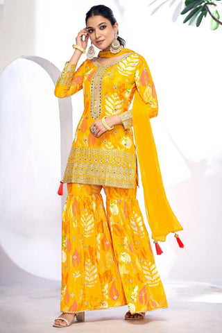 Radiant Printed Work On Yellow Color Chinon Fabric Sharara Suit - women's fashion mart