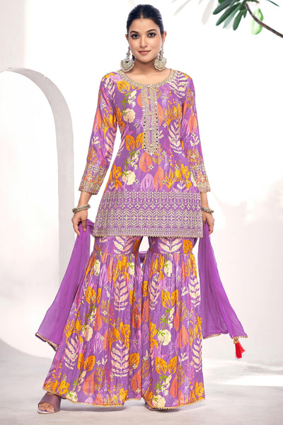 Excellent Chinon Fabric Purple Color Sharara Suit With Printed Work - women's fashion mart