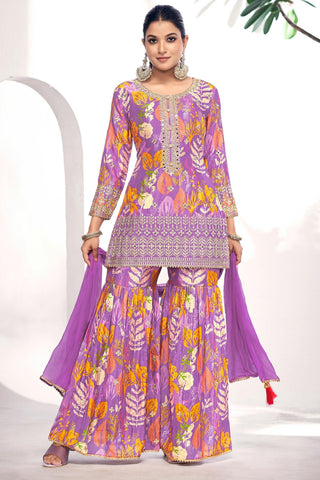 Excellent Chinon Fabric Purple Color Sharara Suit With Printed Work - women's fashion mart