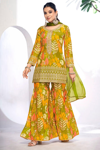 Green Color Printed Work On Chinon Fabric Beatific Sharara Suit - women's fashion mart