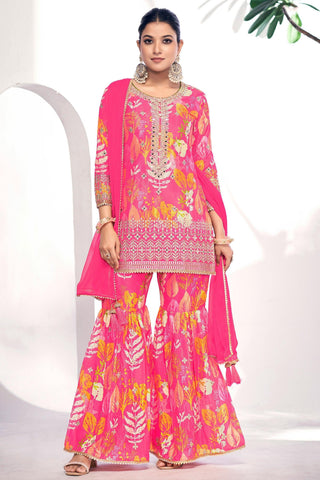 Beguiling Printed Work On Pink Color Chinon Fabric Sharara Suit - women's fashion mart