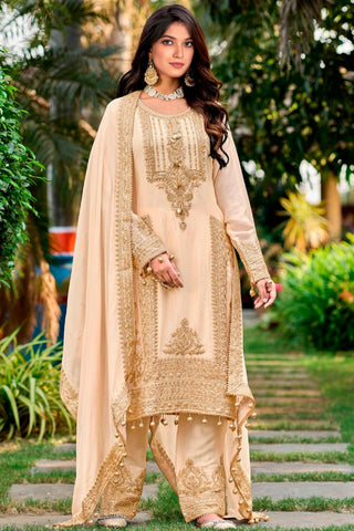 Chinon Fabric Beige Color Embroidered Elegant Palazzo Suit - women's fashion mart