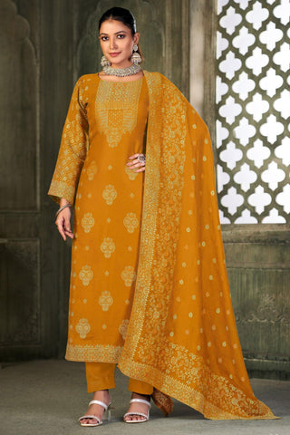 Alluring Pashmina Fabric Mustard Color Embroidered Salwar Suit - women's fashion mart