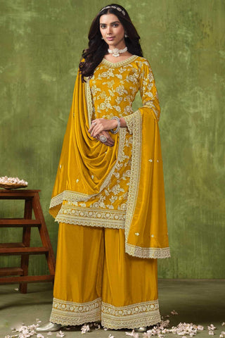 Dola Silk Fabric Mustard Color Jacquard Work Elegant Palazzo Suit - women's fashion mart