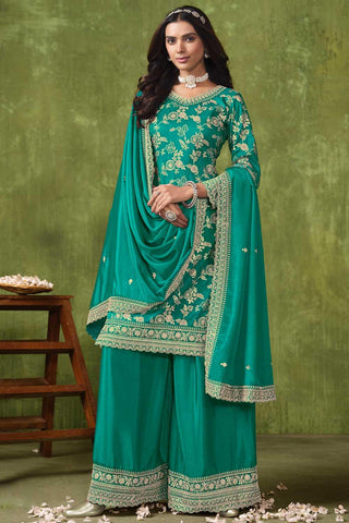 Cyan Color Dola Silk Fabric Jacquard Work Vintage Palazzo Suit - women's fashion mart