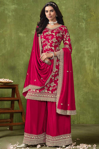Dola Silk Fabric Jacquard Work Lovely Palazzo Suit In Rani Color - women's fashion mart