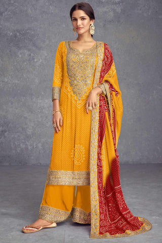 Yellow Color Printed Elegant Chinon Palazzo Suit - women's fashion mart