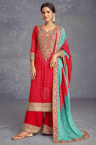Red Color Printed Vintage Chinon Palazzo Suit - women's fashion mart