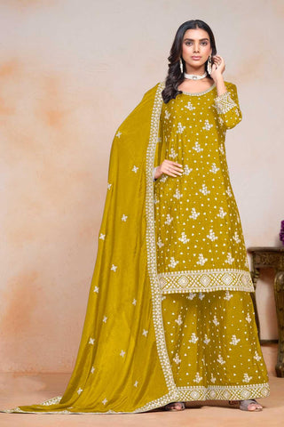 Engaging Mustard Color Chinon Festive Wear Palazzo Suit - women's fashion mart