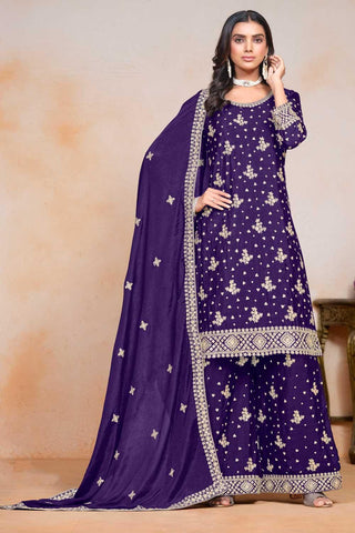 Classic Purple Color Festive Wear Palazzo Suit In Chinon Fabric - women's fashion mart