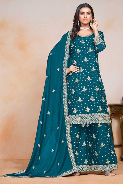 Chinon Teal Color Festive Wear Trendy Palazzo Suit - women's fashion mart