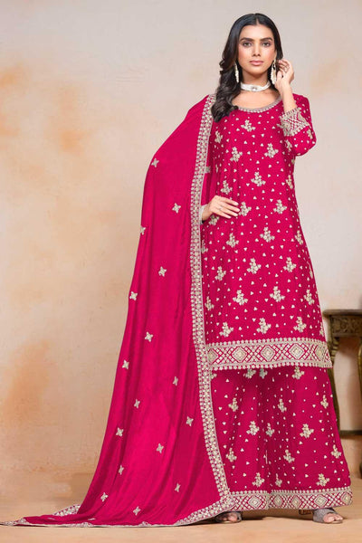 Creative Festive Wear Chinon Palazzo Suit In Rani Color - women's fashion mart