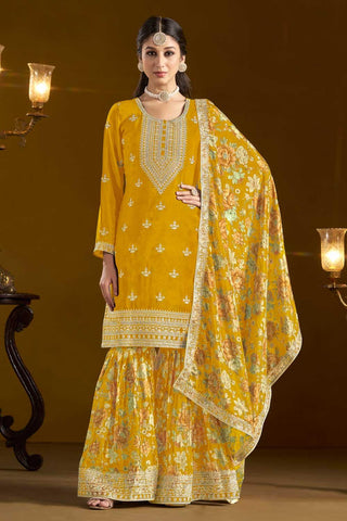 Engaging Yellow Color Chinon Fabric Sharara Suit For Function Wear - women's fashion mart