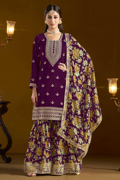 Classic Purple Color Function Style Sharara Suit In Chinon Fabric - women's fashion mart