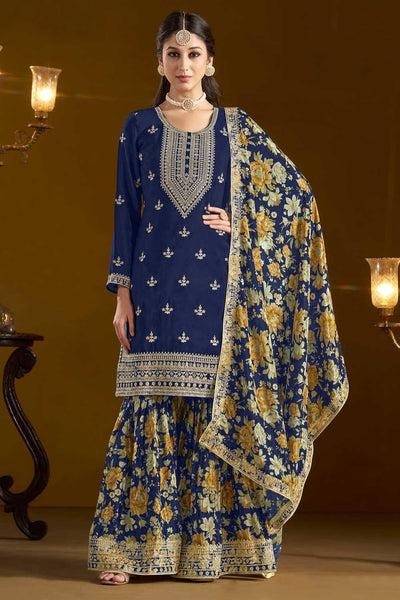 Chinon Fabric Blue Color Function Wear Trendy Sharara Suit - women's fashion mart