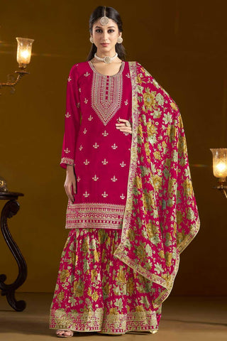 Creative Function Wear Chinon Fabric Sharara Suit In Rani Color - women's fashion mart
