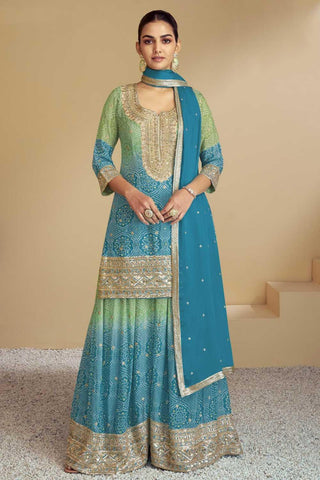 Sky Blue Color Chinon Fabric Bandhani Printed Vintage Palazzo Suit - women's fashion mart